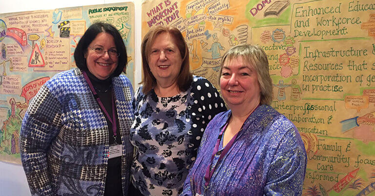 Photo of Dr. Kathleen Calzone, Prof. Judith Shamian, Prof. Maggie Kirk at G2NA retreat