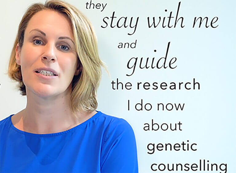Photograph of Anna Middleton with quote about her research and genetic counselling experiences.