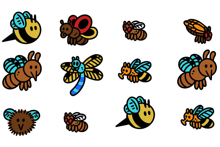 Cartoon style depictions of insects