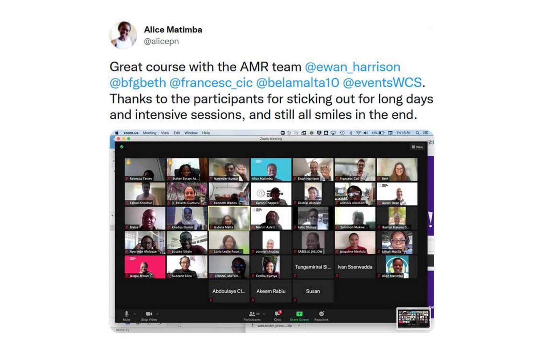 Tweet that reads: Great course with the AMR team @ewan_harrison @bfgbeth @francesc_cic @belamalta10 @eventsWCS. Thanks to the participants for sticking out for long days and intensve sessions, and still all smiles in the end. With image of course participants on Zoom call.