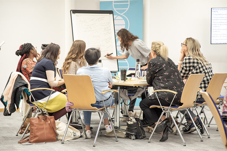 A working group of six people sitting round a table, with someone writing ideas of a flip chart