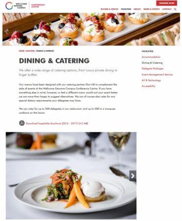 Screenshot from Wellcome Genome Campus Conference Centre website page about catering