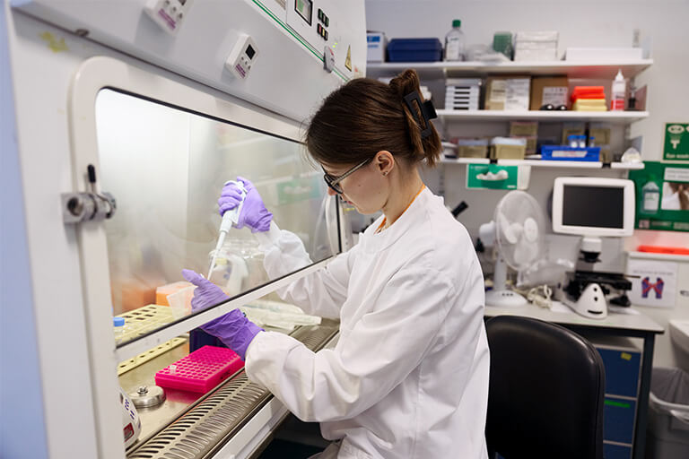 Female scientist using a pipette to create samples in a fume cupboard