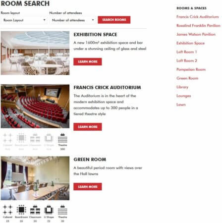 Screenshot of room search page on Wellcome Genome Campus Conference Centre website
