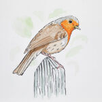 A painting of a robin perched on a wooden stake.