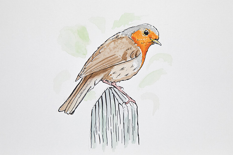 A painting of a robin perched on a wooden stake.