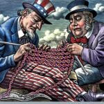 Anglo-American research on the human genome represented by Uncle Sam and John Bull knitting DNA. Scraperboard drawing by Bill Sanderson, 1990 ©Wellcome Library, London