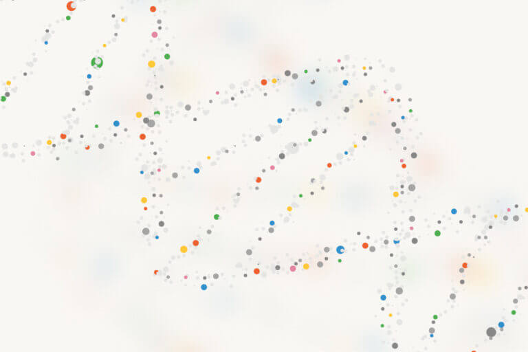 Abstract illustration of DNA helix, made up of grey and coloured dots