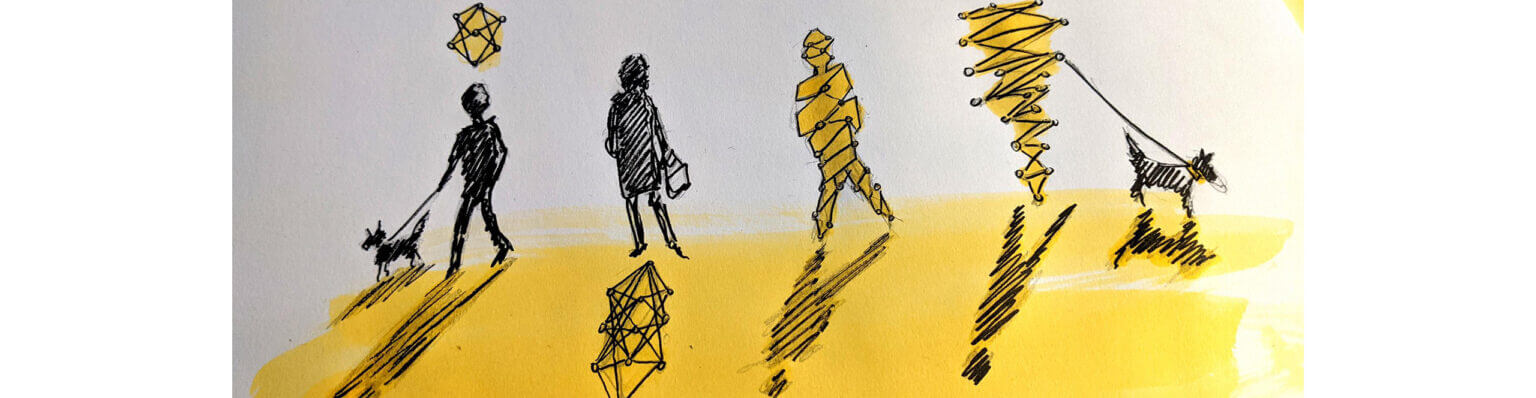 A watercolour illustration in two strong colours showing the silhouettes of four people, two of whom have dogs on leads. They all cast shadows, and vary between realistic representations and those formed by representations of algorithms, data points or networks. The people and their data become indistinguishable form each other.