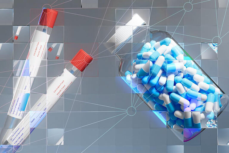 A photographic rendering of medical swabs and pills in a jar seen through a refractive glass grid, overlaid with a diagram of a neural network.
