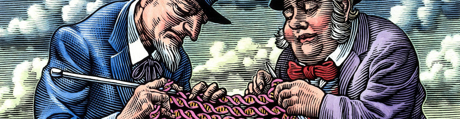 Anglo-American research on the human genome represented by Uncle Sam and John Bull knitting DNA. Scraperboard drawing by Bill Sanderson, 1990 ©Wellcome Library, London