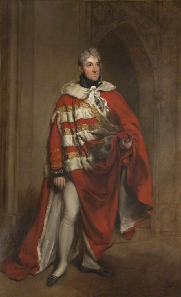 Painting of William Henry Vane (1766-1842). Man posing in a red, ermine and gold cloak.