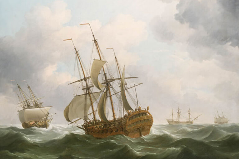 Oil painting of an East Indiaman sailing ship c.1759. Attribution: Charles Brooking.