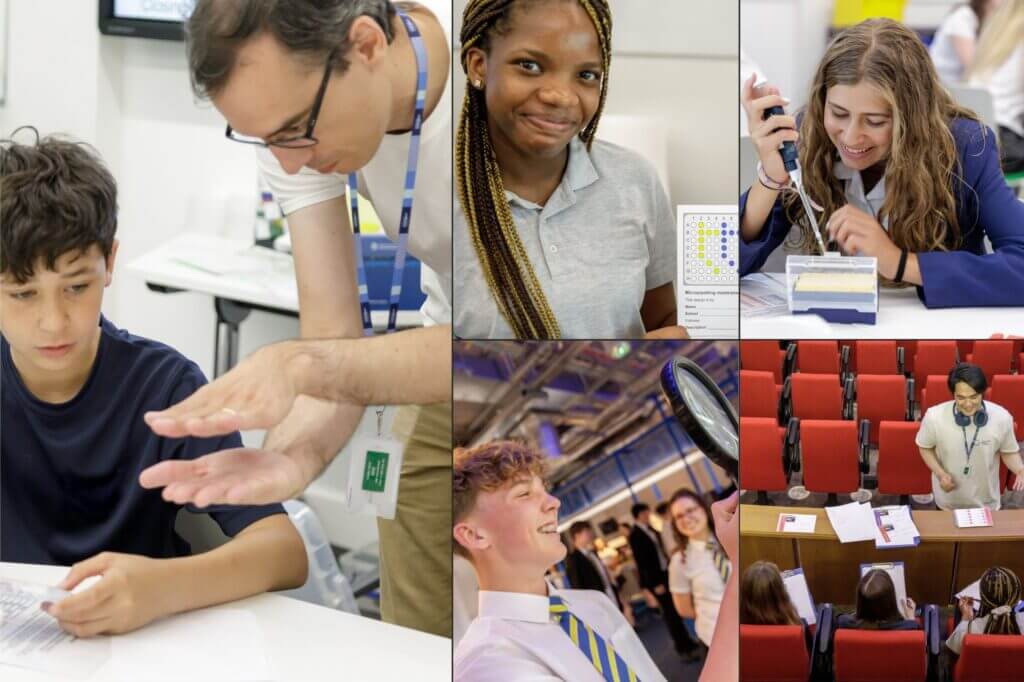 A collage of photos from our schools conference, with students getting involved in activities and listening to staff members.