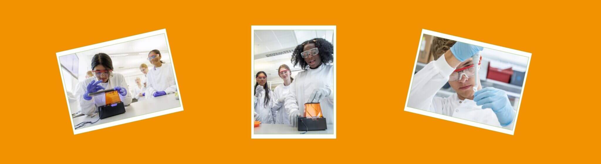 A collage of photos of young people doing lab work, wearing lab coats.